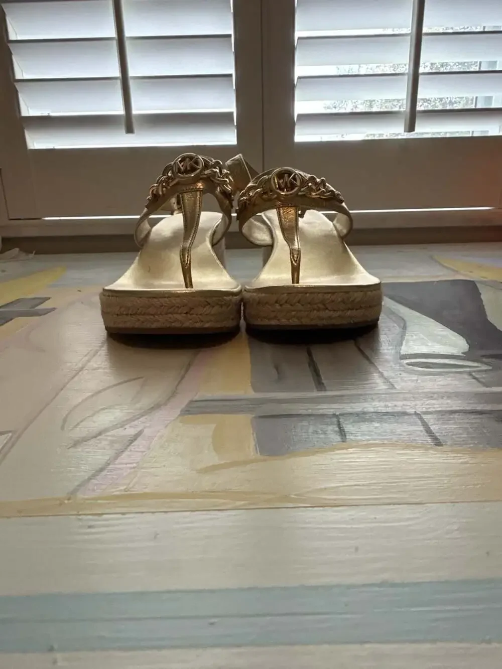 Michael Kors Roxane Metallic Gold T-Strap Espadrille Wedge Sandals